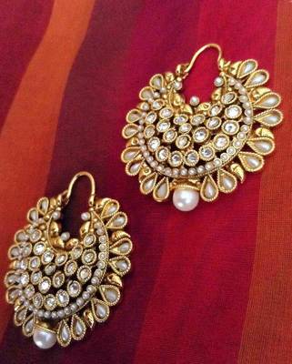 Pearl with polki base in a beautiful bali hoop Indian copper alloy earring 1