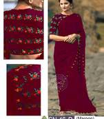 Maroon embroidered georgette saree with blouse