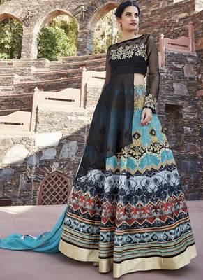 Multicolor embroidered satin unstitched lehenga 1