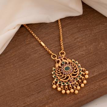 Golden Medium length box chain with Peacock pendant one gram gold 1