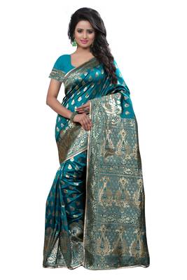 Green printed banarasi cotton saree with blouse 1