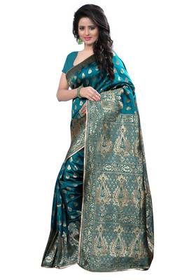 Green printed banarasi cotton saree with blouse 2