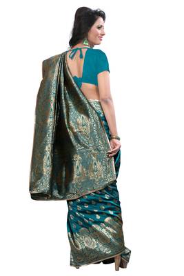 Green printed banarasi cotton saree with blouse 3