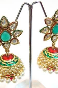 COLORED STONE ZIRCON GOLDEN JHUMKI EARRING