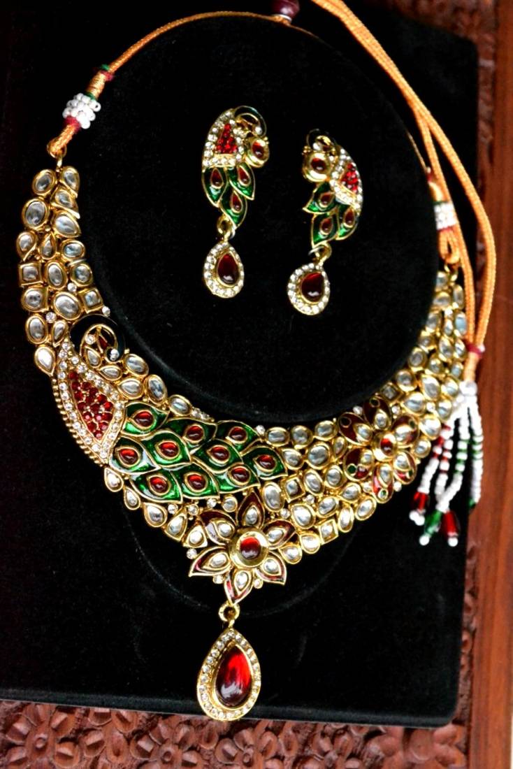 Peacock Kundan jewellery set with pearl & semi-precious stone grand Kundan gold plated necklace set