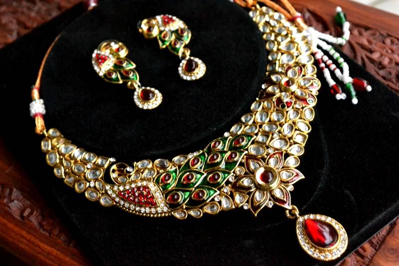 Peacock Kundan jewellery set with pearl & semi-precious stone grand Kundan gold plated necklace set
