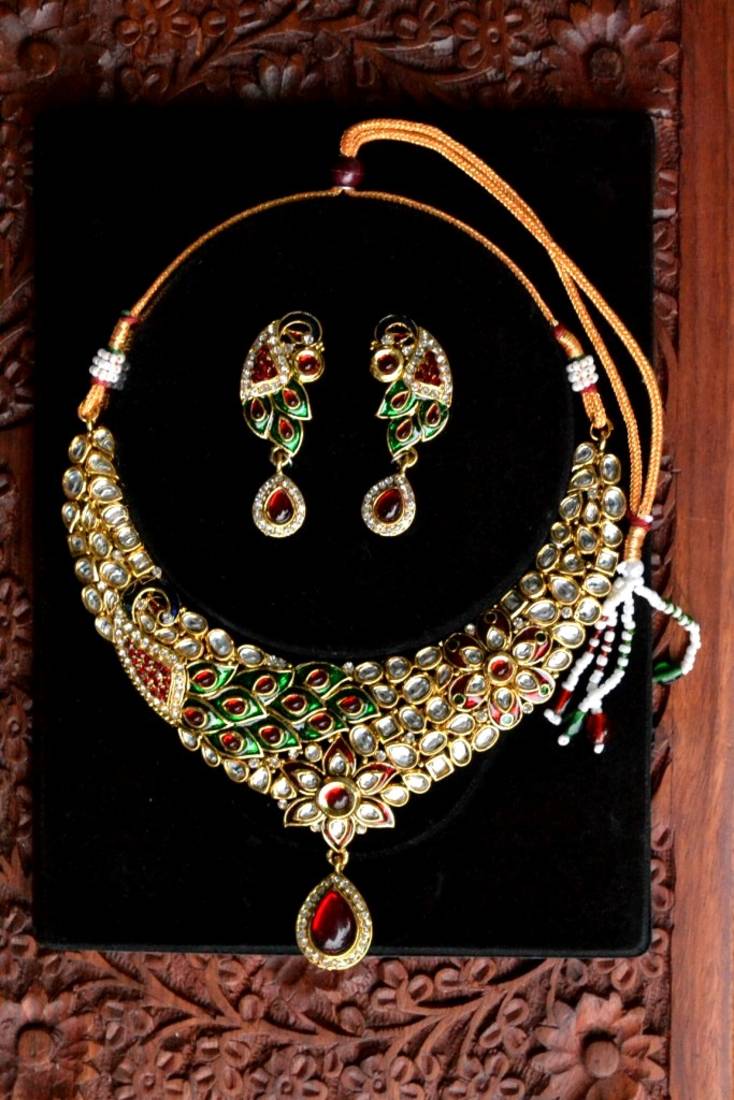 Peacock Kundan jewellery set with pearl & semi-precious stone grand Kundan gold plated necklace set
