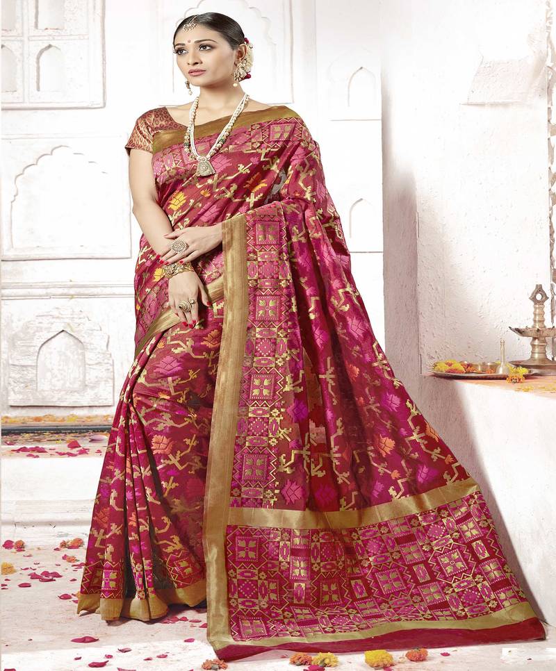 Maroon woven silk cotton saree with blouse