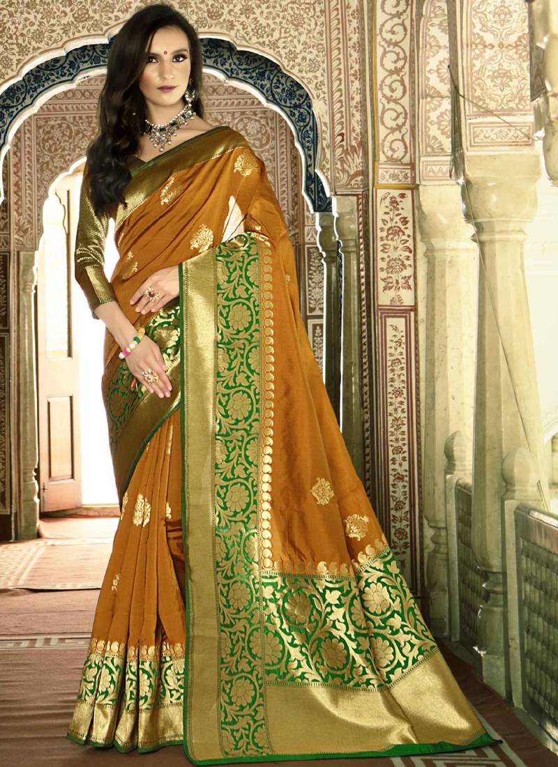 Women's Cotton Blend Mustard Printed Designer Saree With Blouse Piece