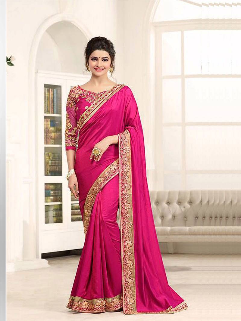 Women's Georgette Pink Embroidered Designer Saree With Blouse Piece