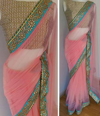 Pink embroidered  georgette  saree with blouse 1