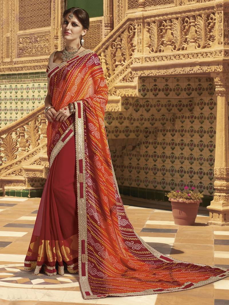 Women's Georgette Maroon Printed Designer Saree With Blouse Piece