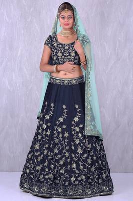 Blue Embroidered Art Silk Unstitched Lehenga 1