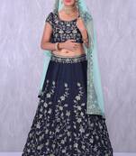 Blue Embroidered Art Silk Unstitched Lehenga