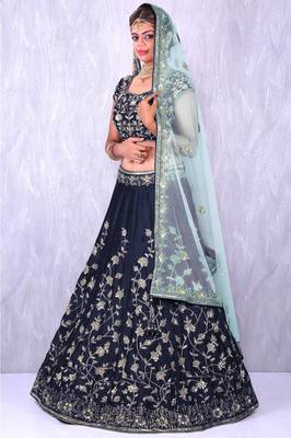 Blue Embroidered Art Silk Unstitched Lehenga 2