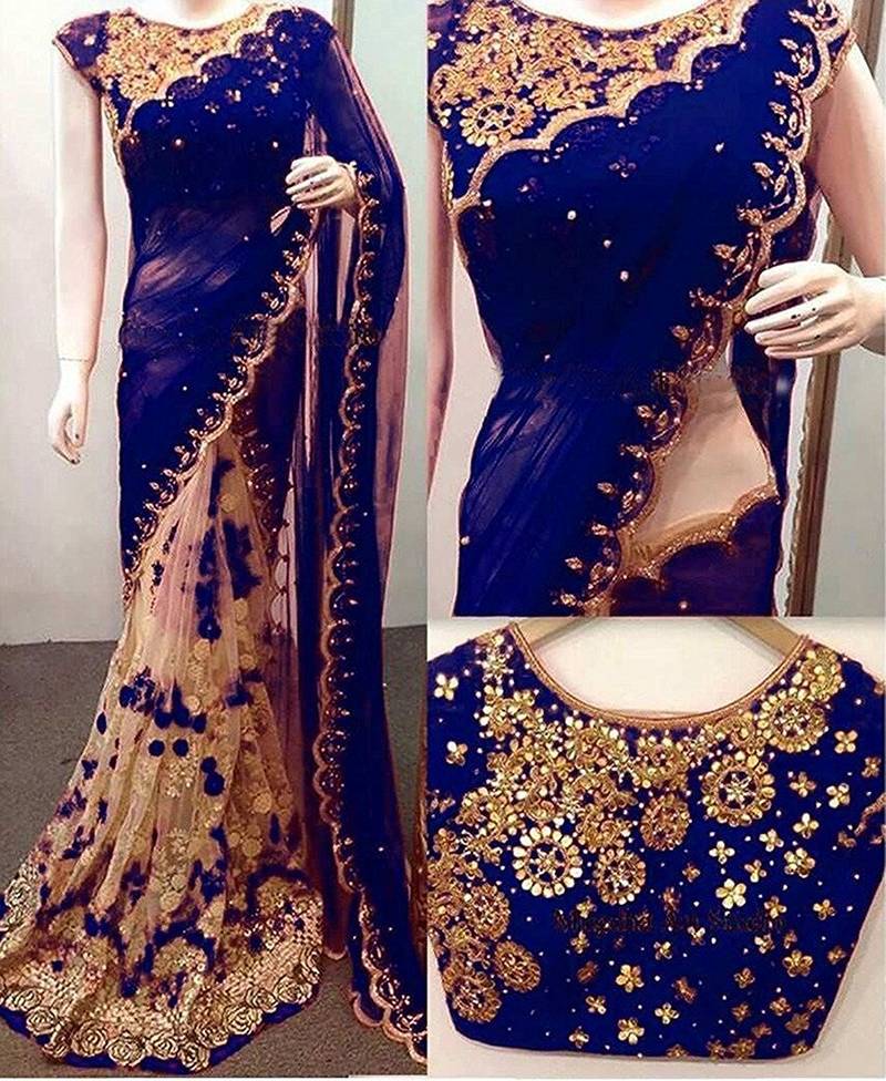 Navy blue embroidered georgette saree with blouse