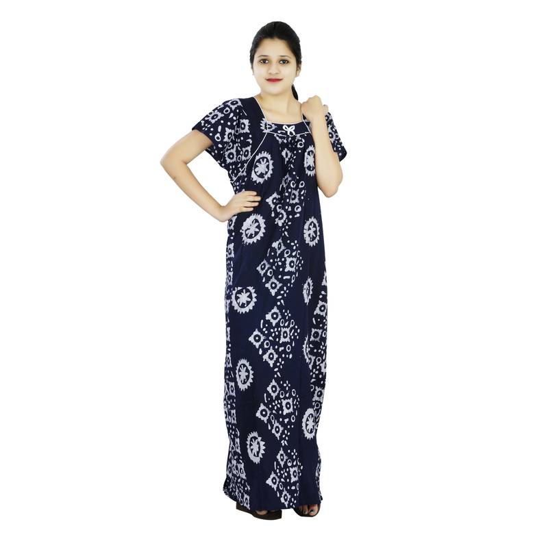 Blue colour Batik  design Square neck cotton nighty for ladies