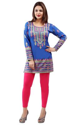 Royal blue  printed american crepe short kurtis with full sleeves 1