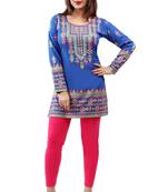 Royal blue  printed american crepe short kurtis with full sleeves