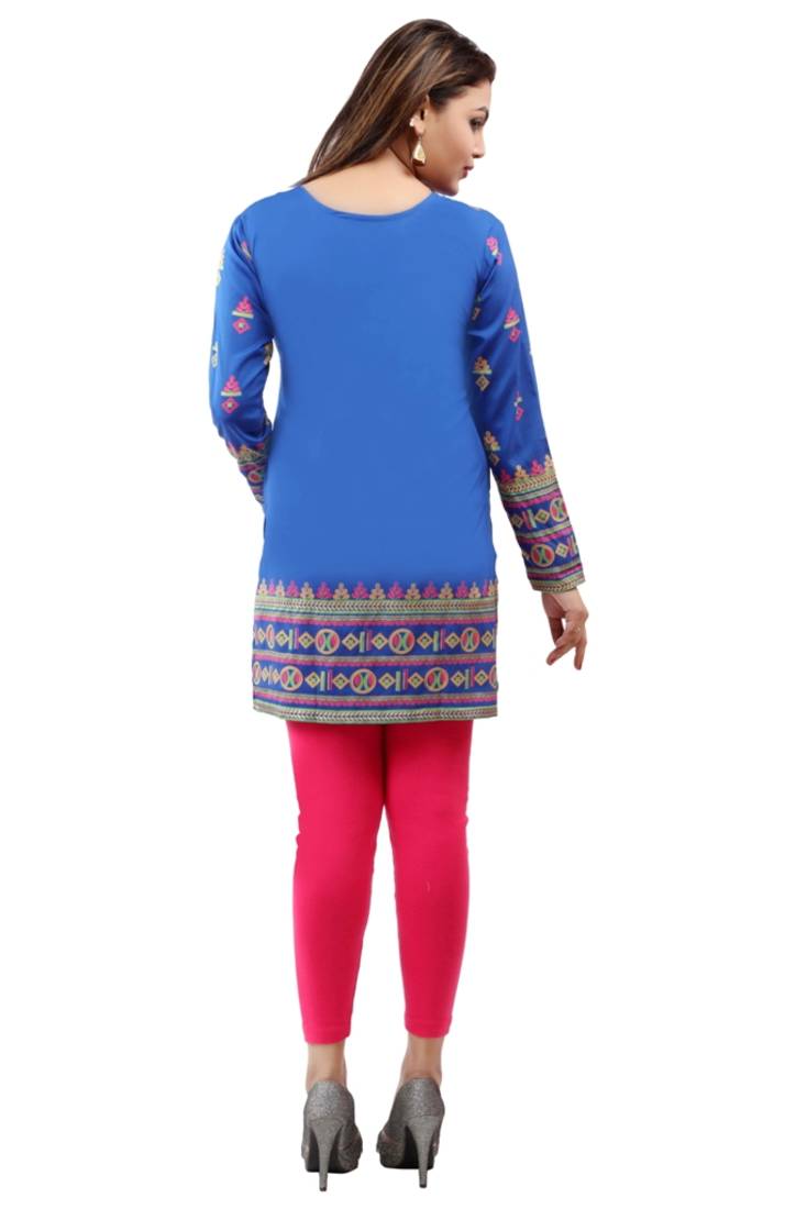 Royal blue  printed american crepe short kurtis with full sleeves