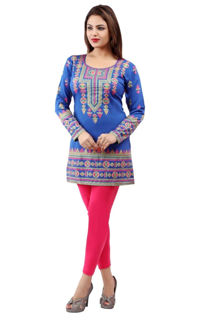 Royal blue  printed american crepe short kurtis with full sleeves