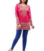 Dark pink  printed american crepe short kurtis with full sleeves
