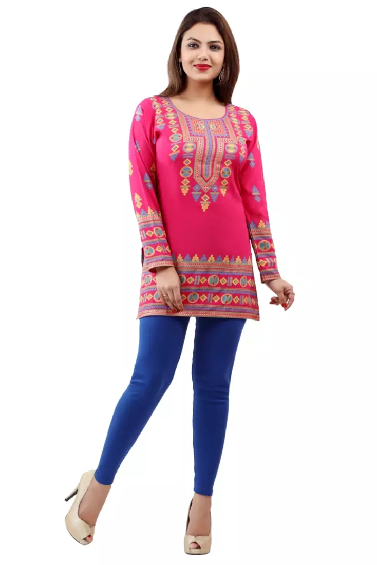 Dark pink  printed american crepe short kurtis with full sleeves