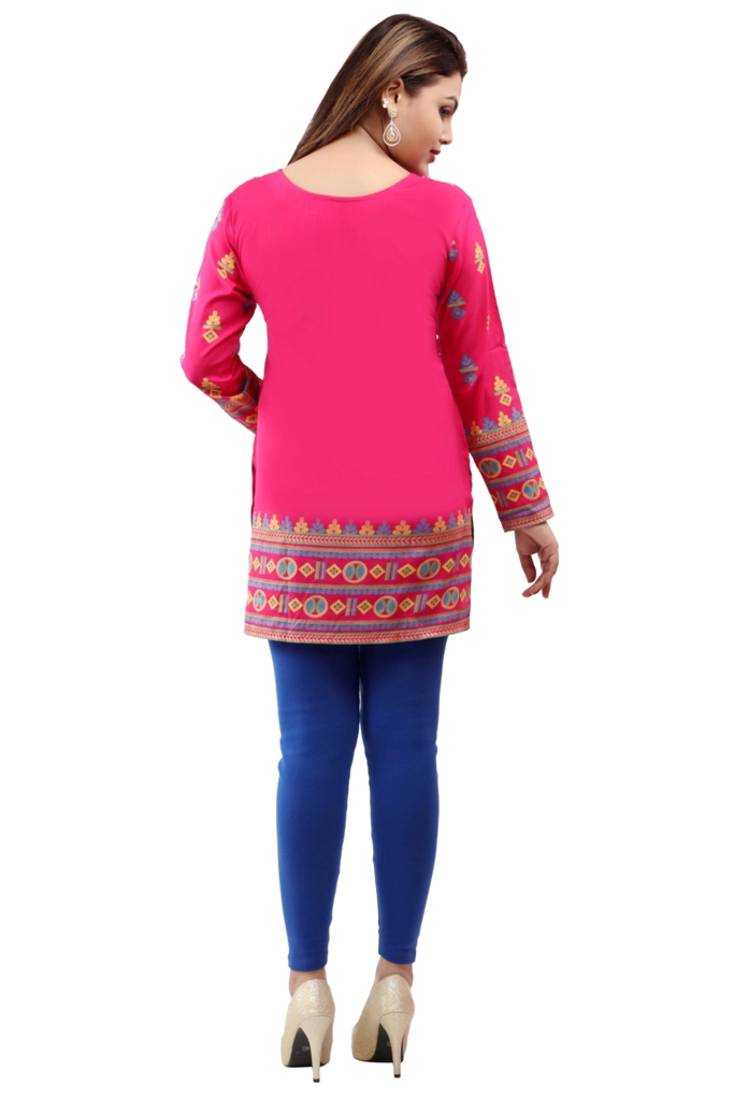 Dark pink  printed american crepe short kurtis with full sleeves