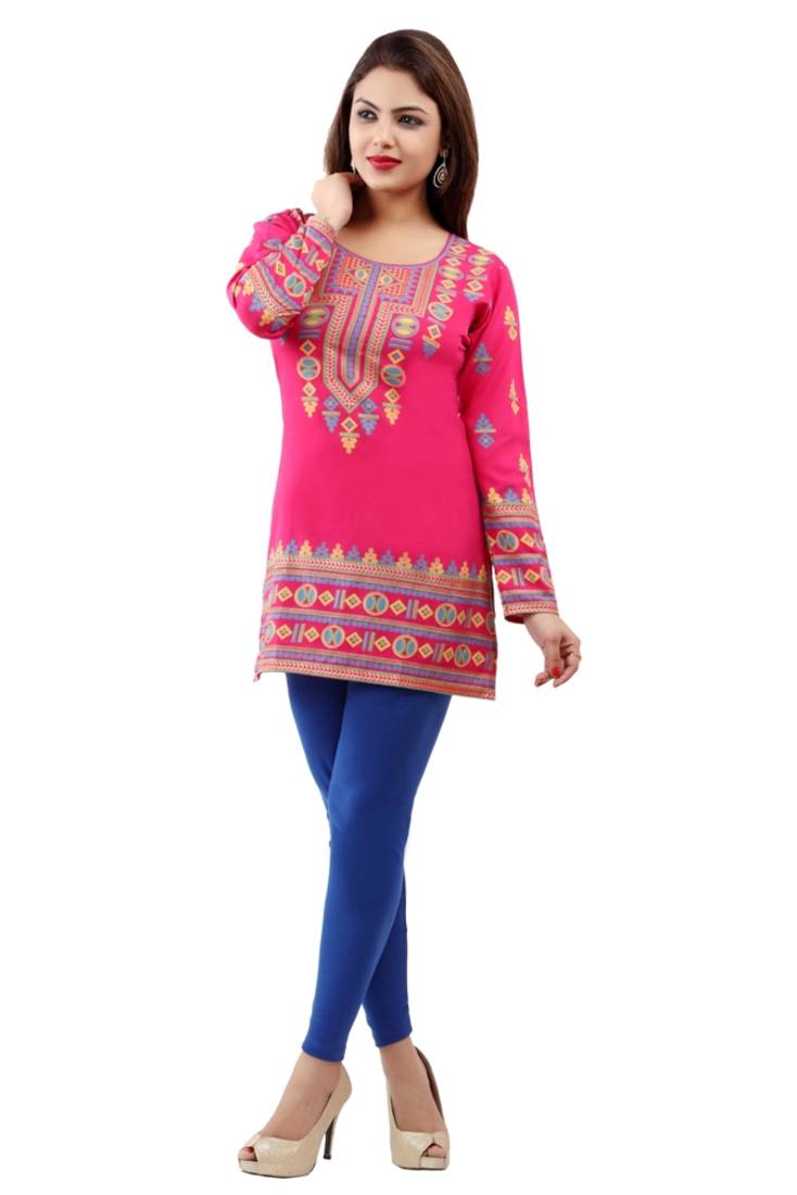 Dark pink  printed american crepe short kurtis with full sleeves