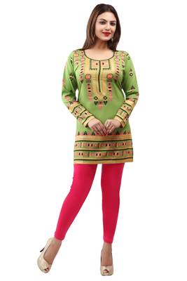 Green printed american crepe short kurtis with full sleeves 1