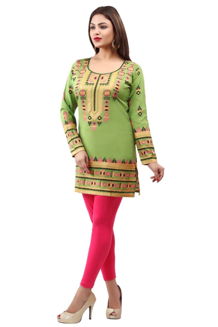 Green printed american crepe short kurtis with full sleeves