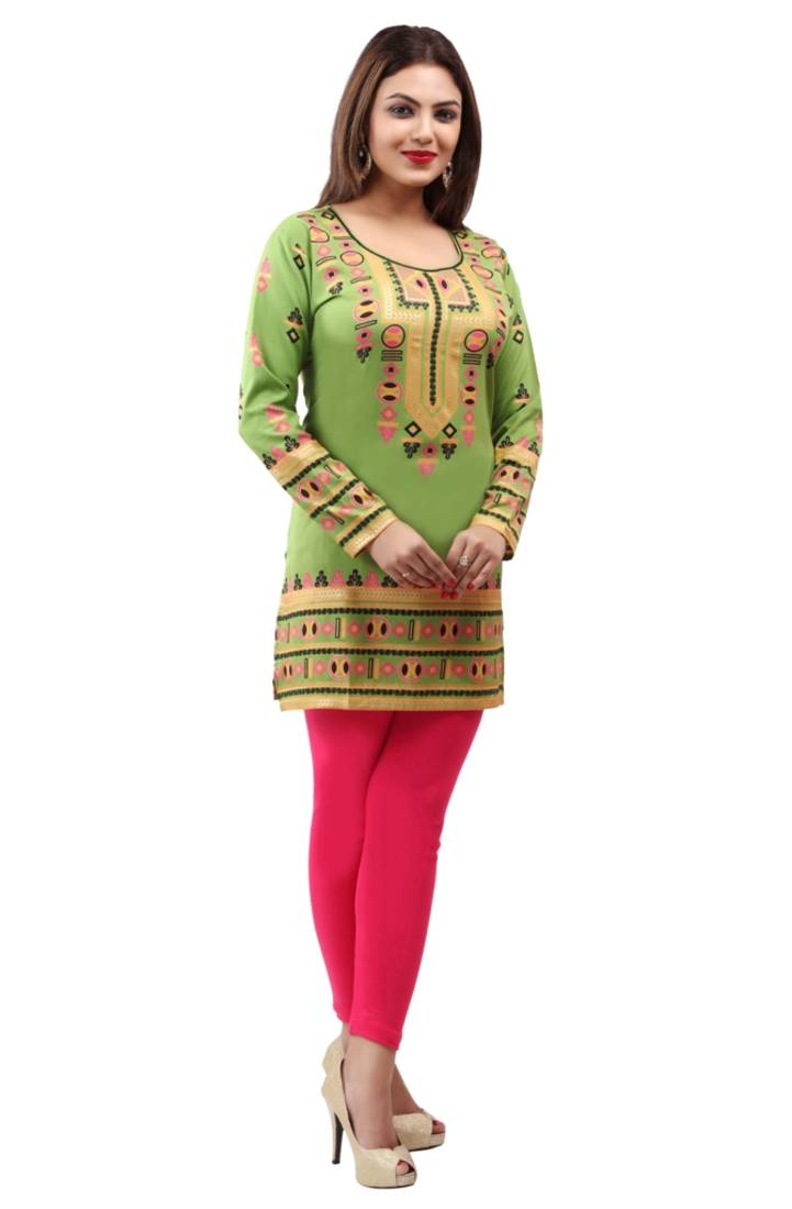 Green printed american crepe short kurtis with full sleeves