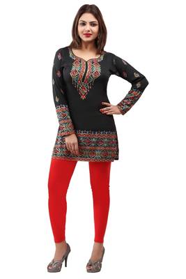 Black  printed american crepe short kurtis with full sleeves 1