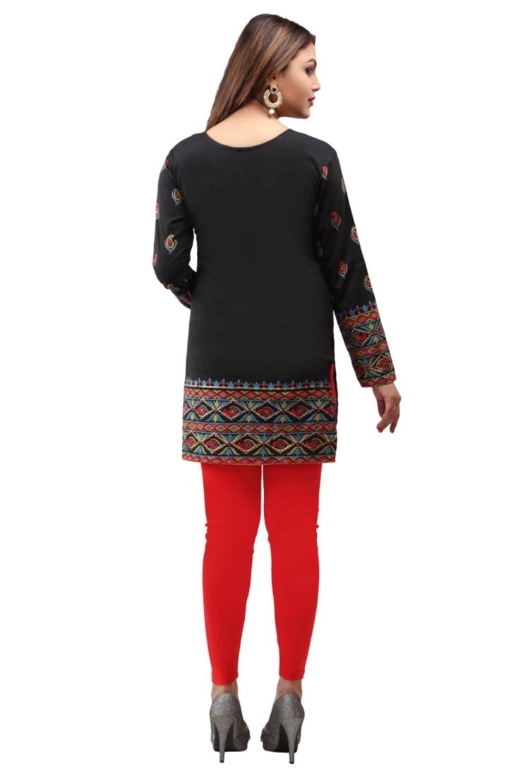 Black  printed american crepe short kurtis with full sleeves