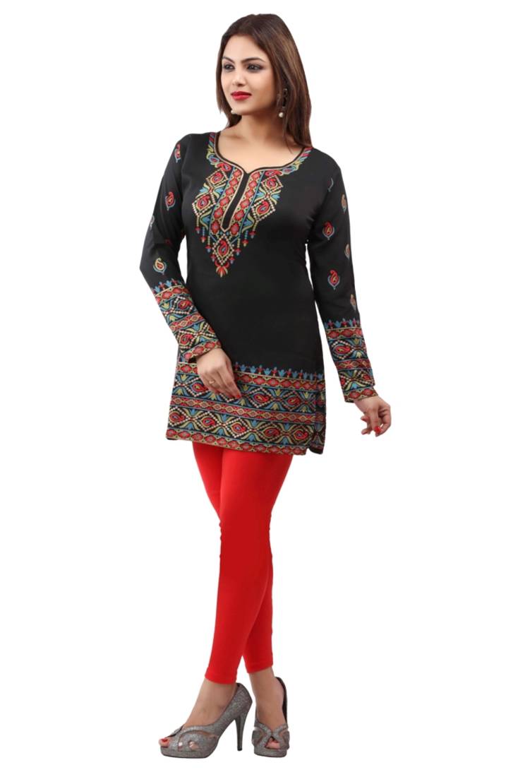 Black  printed american crepe short kurtis with full sleeves
