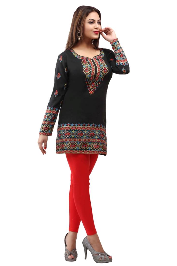 Black  printed american crepe short kurtis with full sleeves