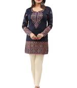 Dark blue  printed american crepe short kurtis with full sleeves
