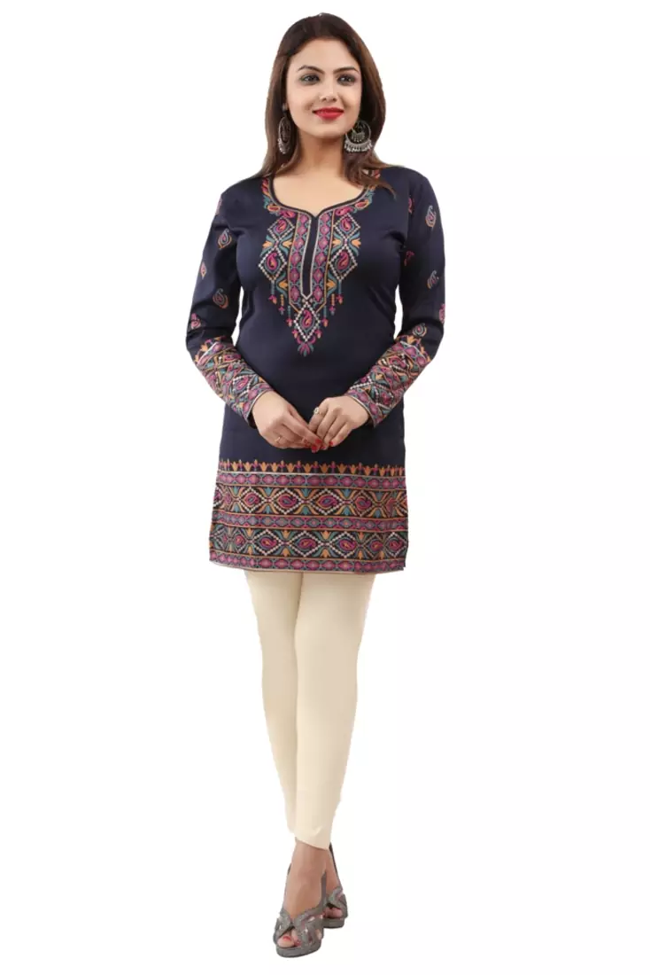 Dark blue  printed american crepe short kurtis with full sleeves