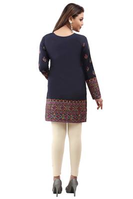 Dark blue  printed american crepe short kurtis with full sleeves 2