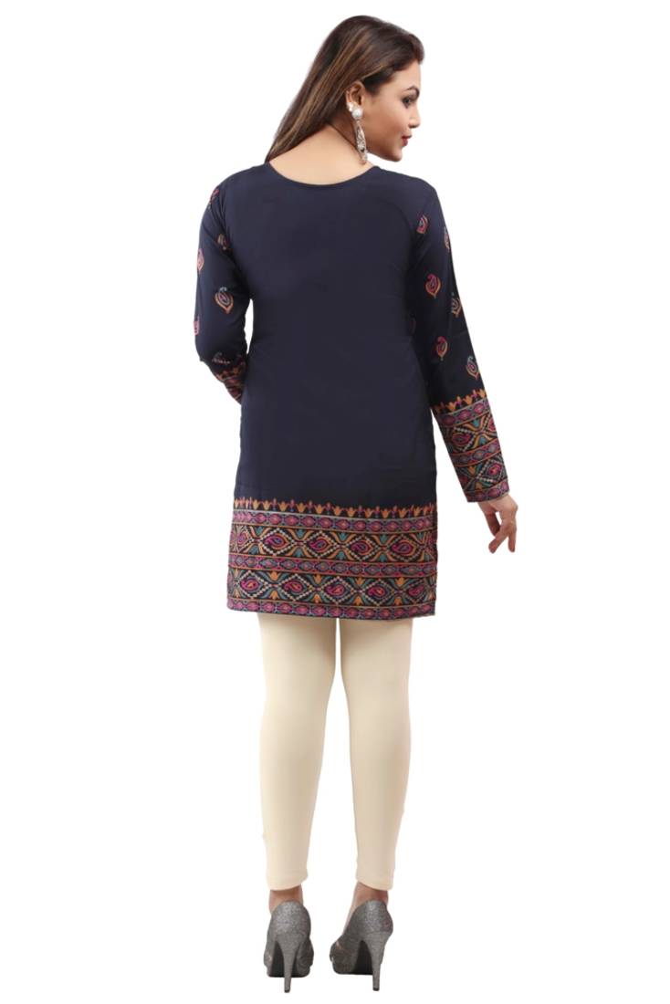 Dark blue  printed american crepe short kurtis with full sleeves