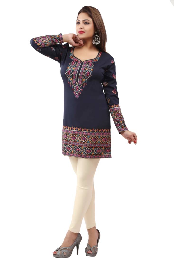 Dark blue  printed american crepe short kurtis with full sleeves
