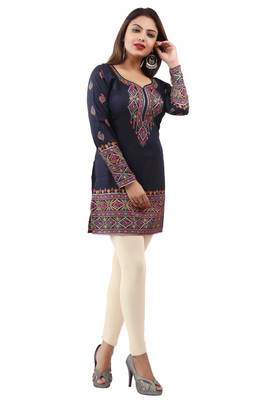Dark blue  printed american crepe short kurtis with full sleeves 4