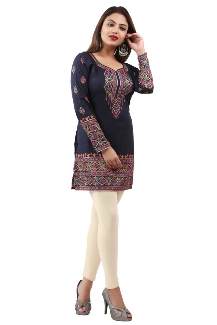 Dark blue  printed american crepe short kurtis with full sleeves