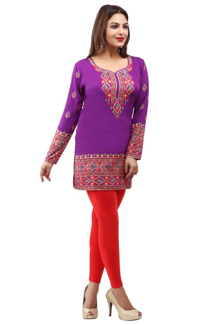 Light purple  printed american crepe short kurtis with full sleeves