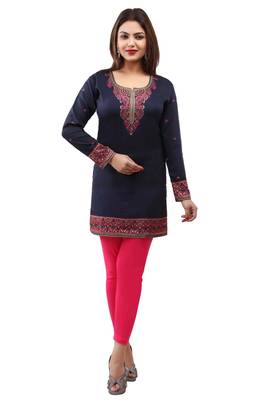 Dark blue  printed american crepe short kurtis with full sleeves 1