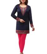 Dark blue  printed american crepe short kurtis with full sleeves