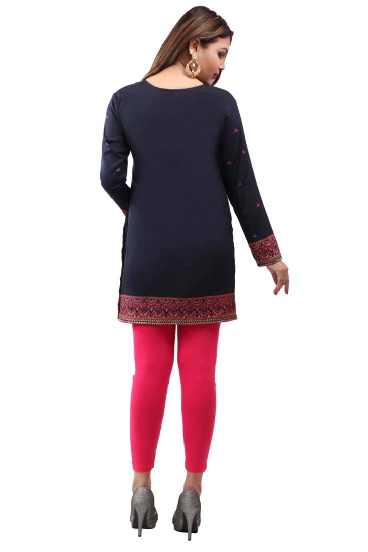 Dark blue  printed american crepe short kurtis with full sleeves