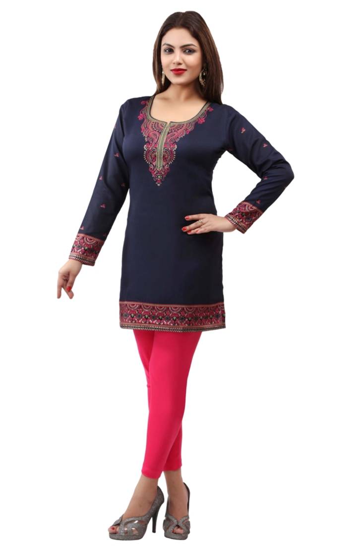 Dark blue  printed american crepe short kurtis with full sleeves
