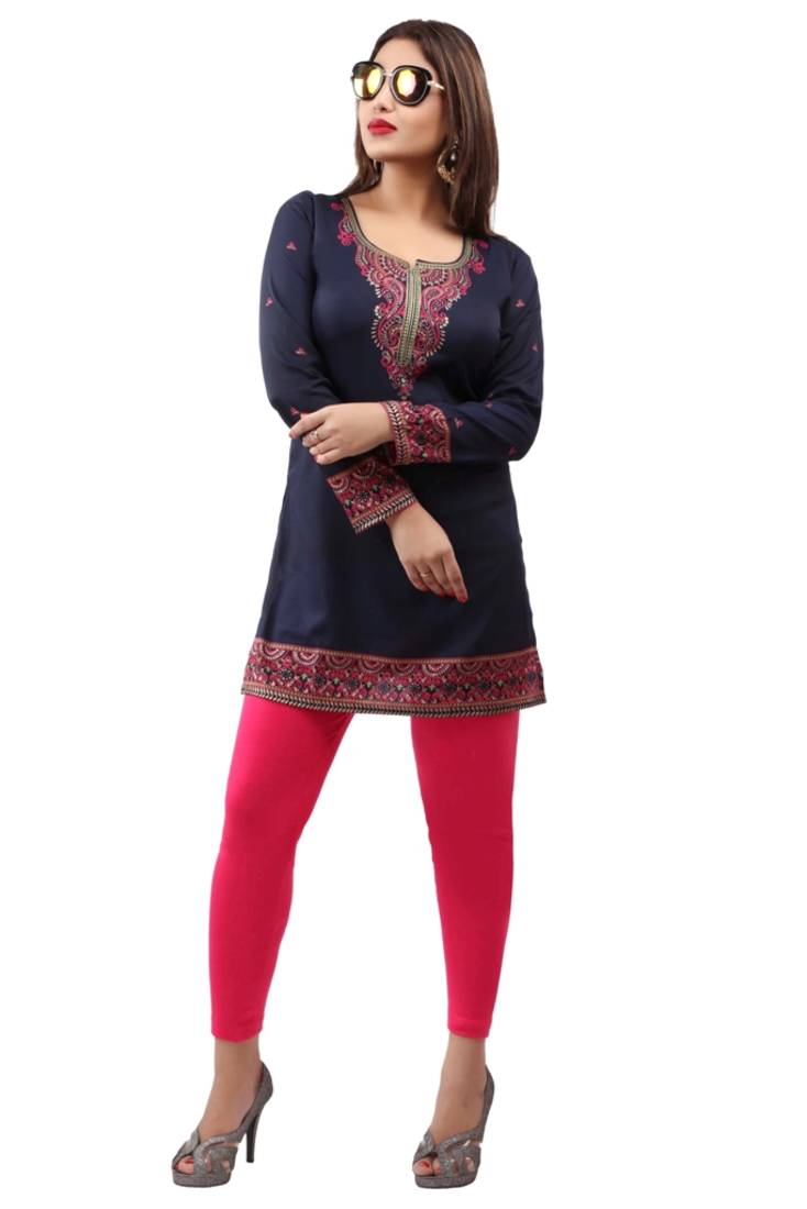Dark blue  printed american crepe short kurtis with full sleeves