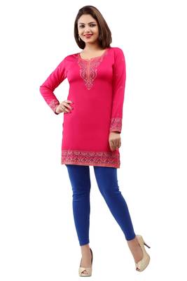 Dark pink  printed american crepe short kurtis with full sleeves 1